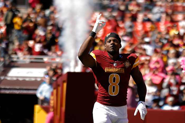 Oct 9, 2022; Landover, Maryland, USA; Washington Commanders running back Brian Robinson (8) is introduced prior to the start of the Commanders' game against the Tennessee Titans at FedExField. Mandatory Credit: Geoff Burke-USA TODAY Sports